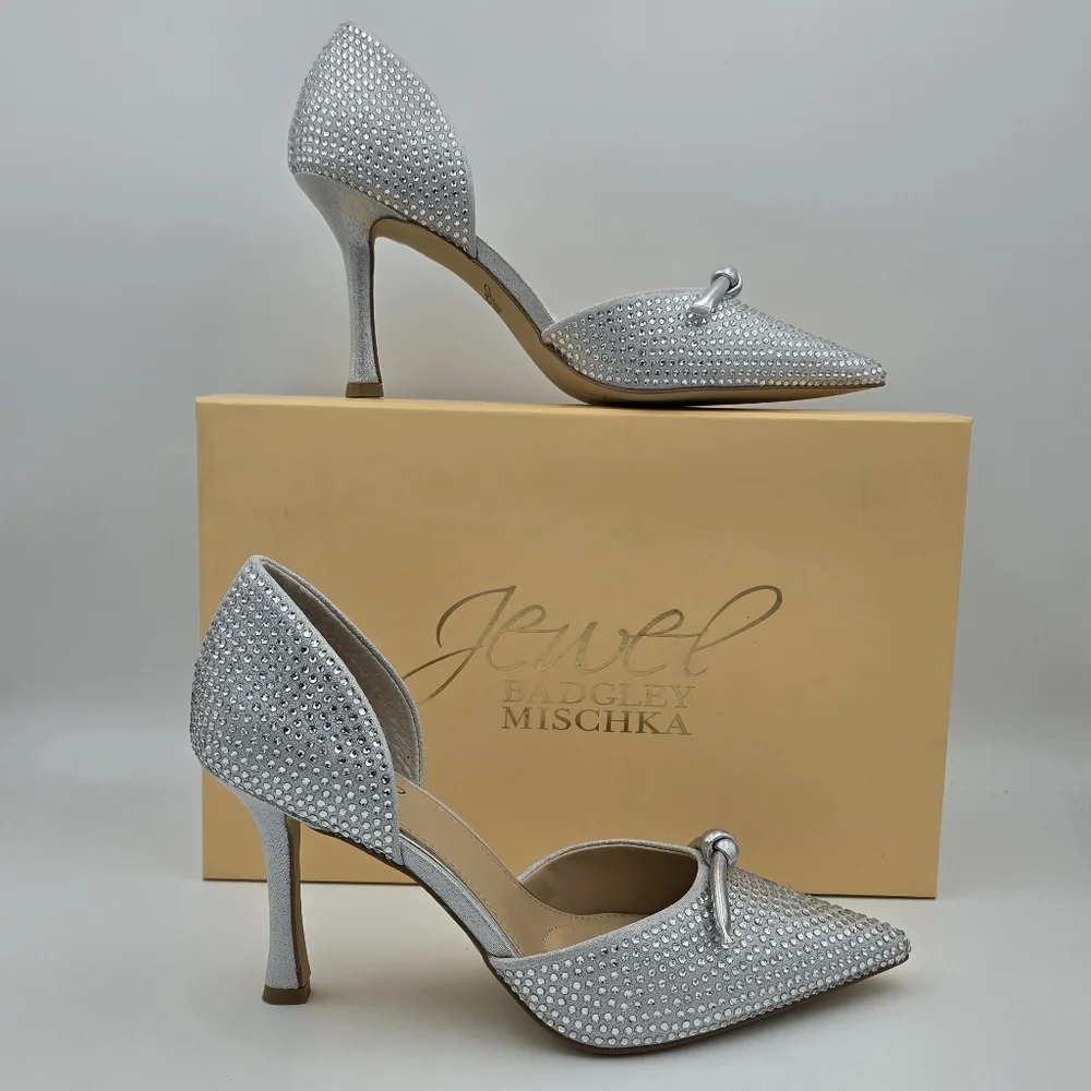 NIB Jewel Badgley Terresa D'Orsay Stiletto Pumps, Silver Textile, Women's Size 7 - Picture 1 of 16